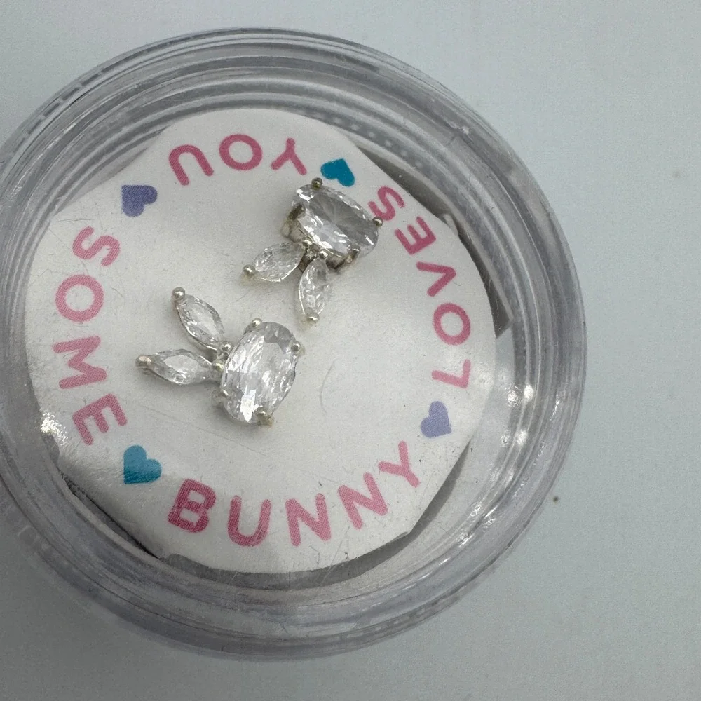 Cupcakes & Cartwheels Bunny Stud Earrings Cubic Zirconia Silver Tone Rabbit Kids